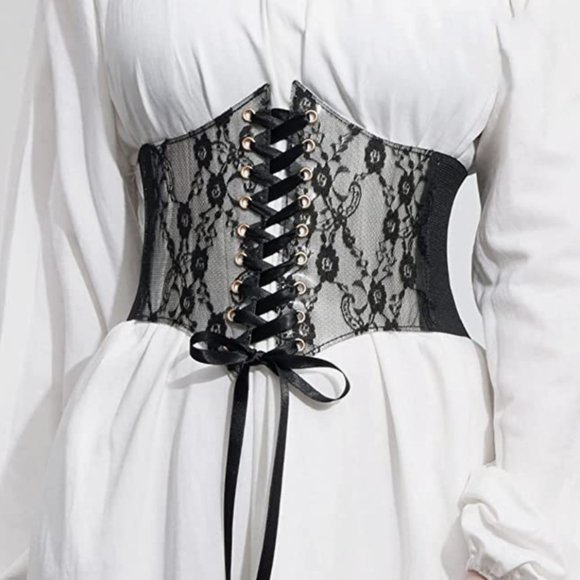 Black Floral Lace PVC Lace Up Corset Elastic Wide Waistband Belt Girdle - Picture 6 of 9